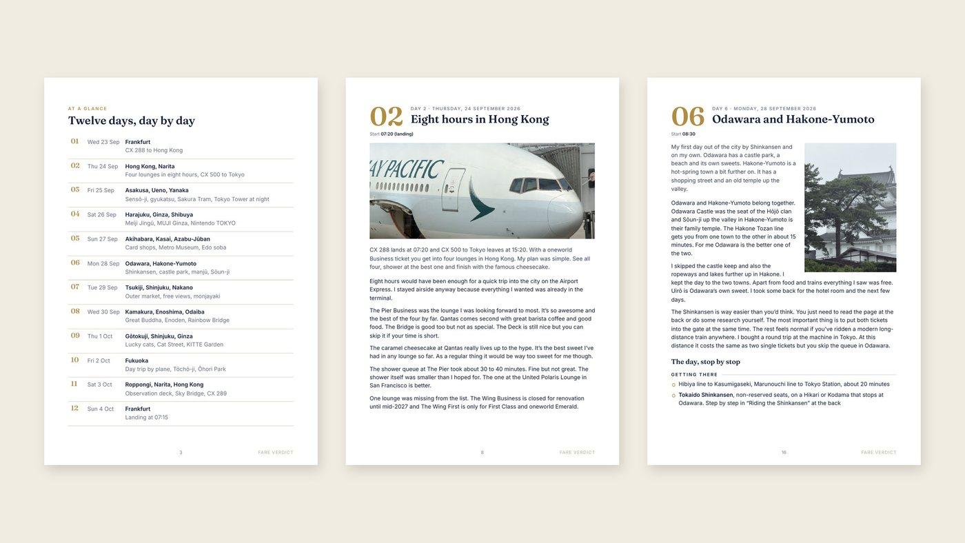 Three pages from inside the Tokyo & Fukuoka itinerary.